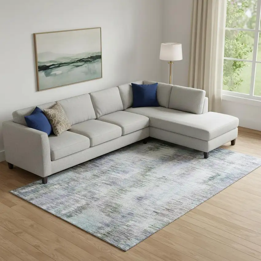 Green Purple And Gray Abstract Washable Area Rug With UV Protection Photo 1