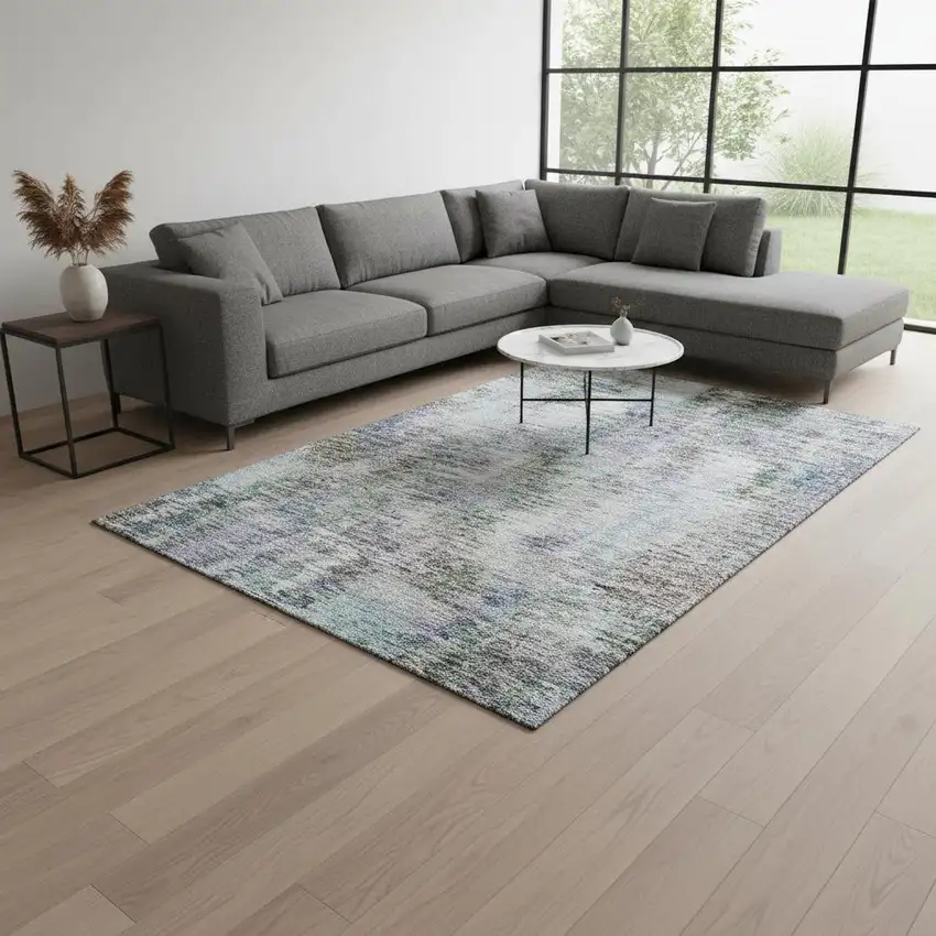 Green Purple And Gray Abstract Washable Area Rug With UV Protection Photo 2