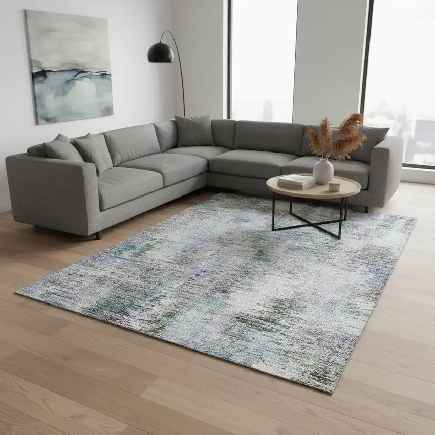 Green Purple And Gray Abstract Washable Area Rug With UV Protection Photo 2