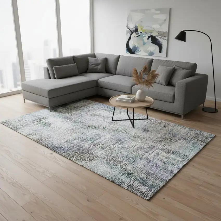 Green Purple And Gray Abstract Washable Area Rug With UV Protection Photo 2