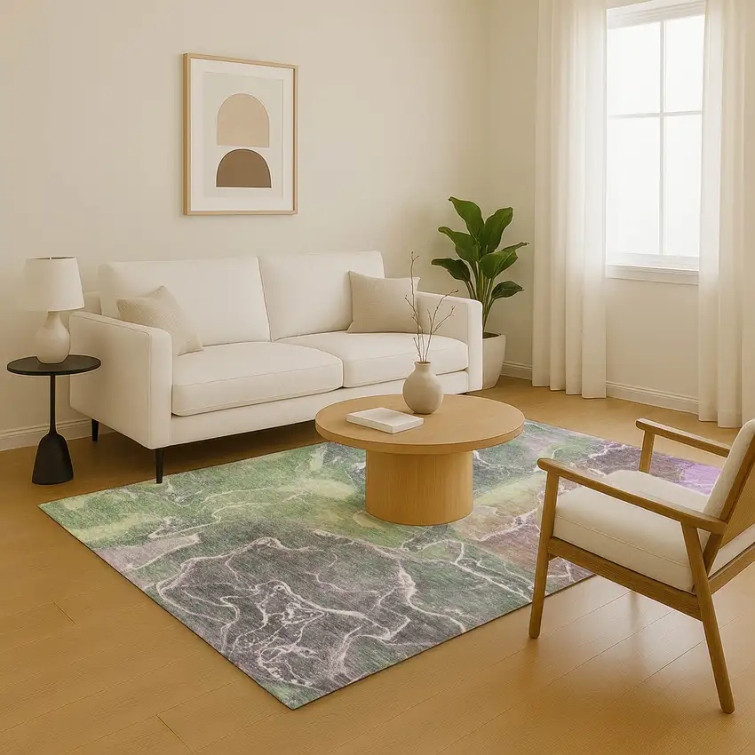 Green Purple And Gray Abstract Washable Area Rug With UV Protection Photo 5