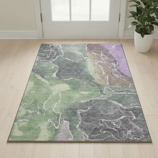 Green Purple And Gray Abstract Washable Area Rug With UV Protection Photo 2