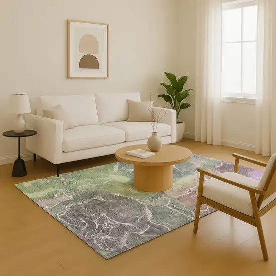 Green Purple And Gray Abstract Washable Area Rug With UV Protection Photo 5