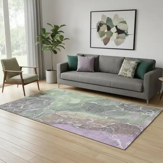 Green Purple And Gray Abstract Washable Area Rug With UV Protection Photo 2