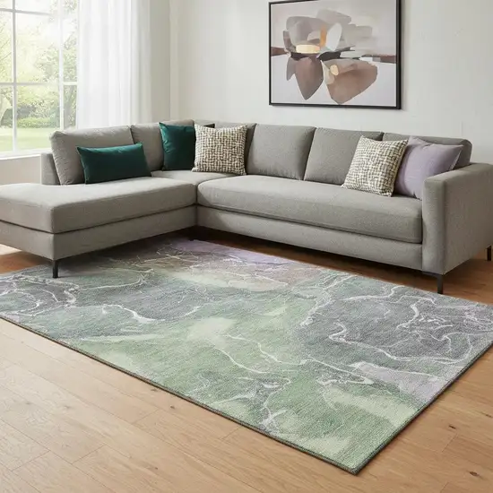 Green Purple And Gray Abstract Washable Area Rug With UV Protection Photo 2