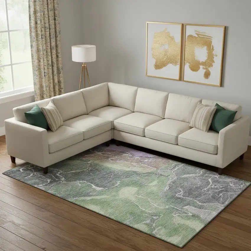 Green Purple And Gray Abstract Washable Area Rug With UV Protection Photo 2