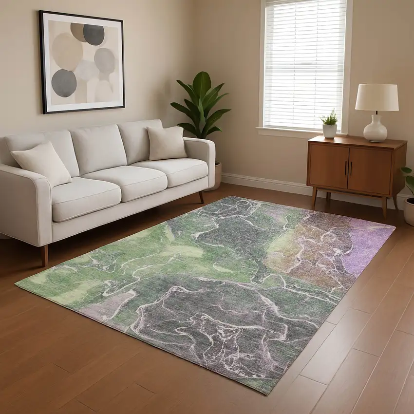 Green Purple And Gray Abstract Washable Area Rug With UV Protection Photo 4