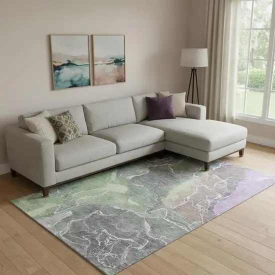 Green Purple And Gray Abstract Washable Area Rug With UV Protection Photo 2