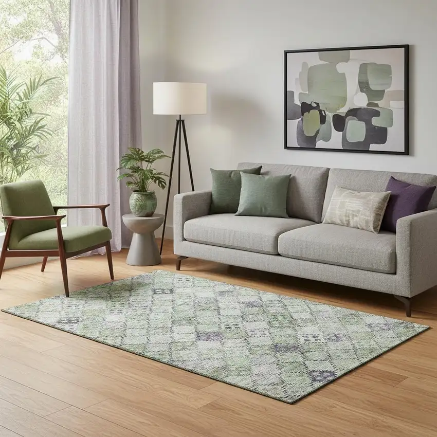 Green Purple And Gray Geometric Washable Area Rug With UV Protection Photo 2
