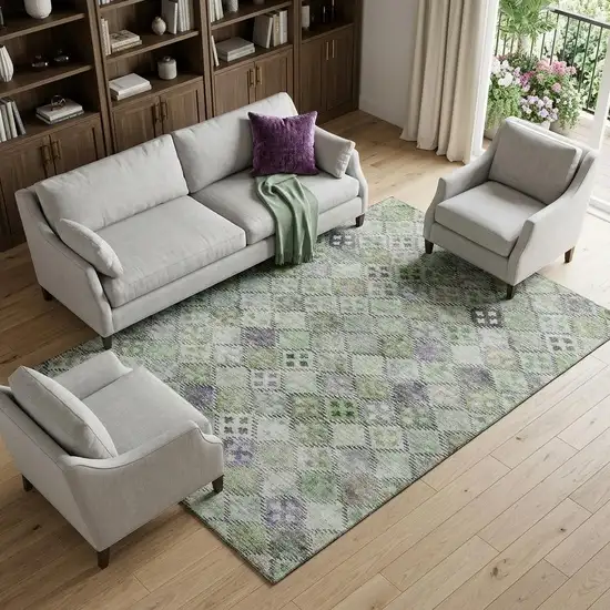 Green Purple And Gray Geometric Washable Area Rug With UV Protection Photo 1