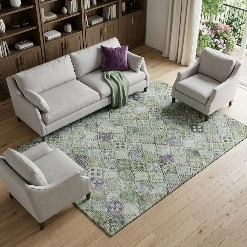 Green Purple And Gray Geometric Washable Area Rug With UV Protection Photo 1