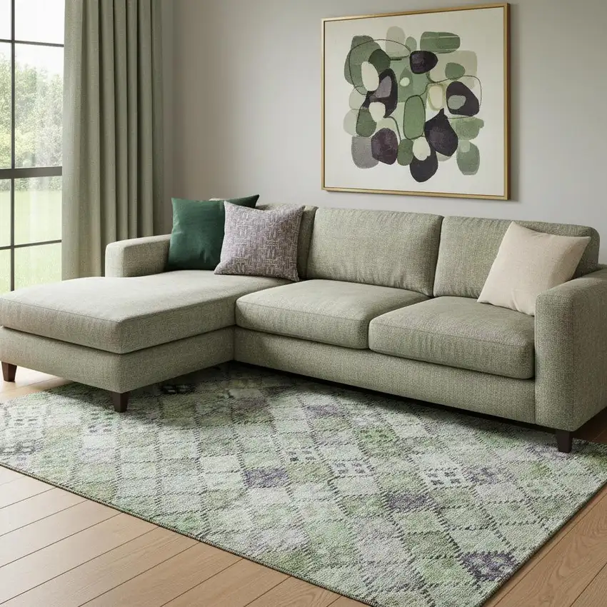 Green Purple And Gray Geometric Washable Area Rug With UV Protection Photo 2