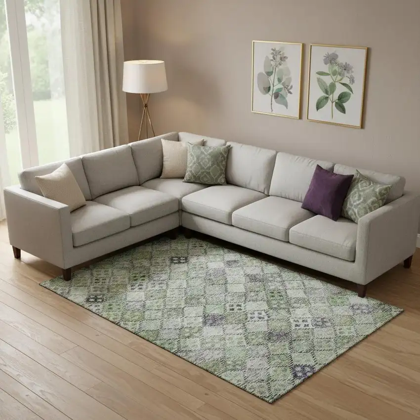 Green Purple And Gray Geometric Washable Area Rug With UV Protection Photo 2