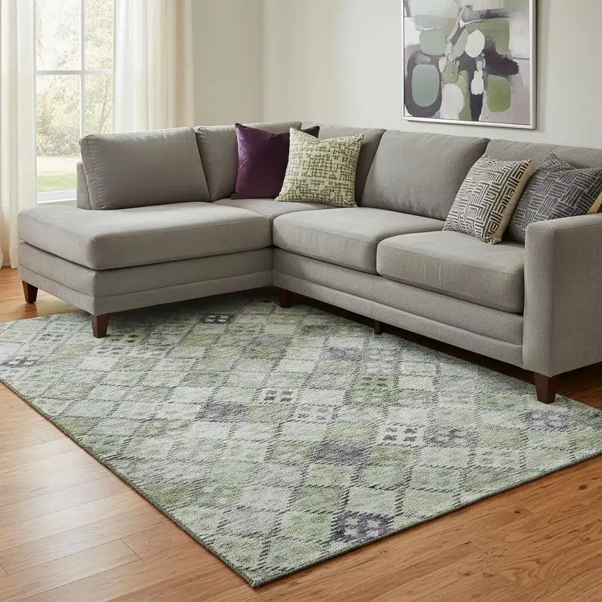 Green Purple And Gray Geometric Washable Area Rug With UV Protection Photo 2