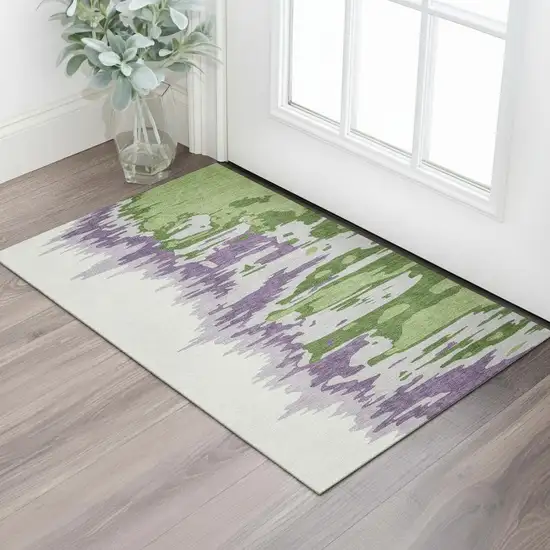 Green Purple And Ivory Abstract Washable Area Rug With UV Protection Photo 2