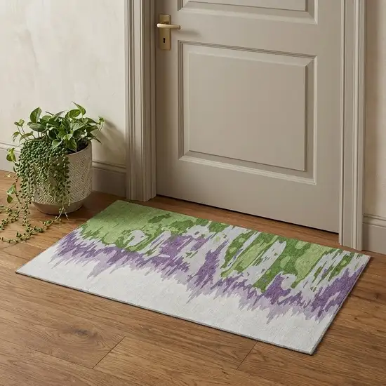 Green Purple And Ivory Abstract Washable Area Rug With UV Protection Photo 1