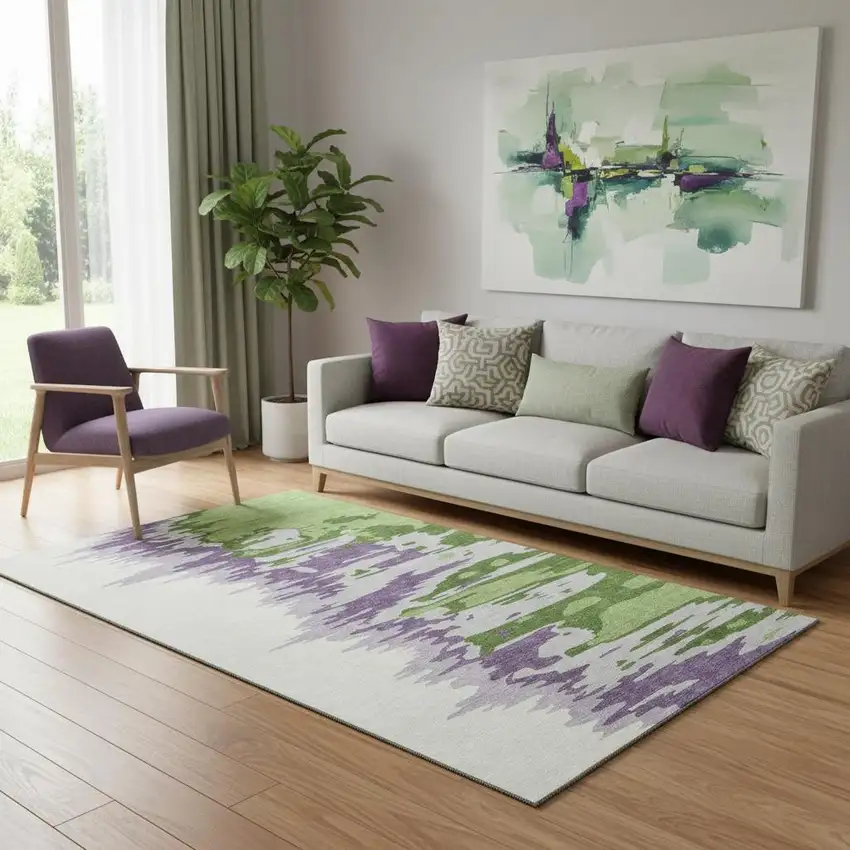 Green Purple And Ivory Abstract Washable Area Rug With UV Protection Photo 2