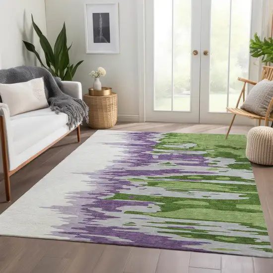Green Purple And Ivory Abstract Washable Area Rug With UV Protection Photo 6