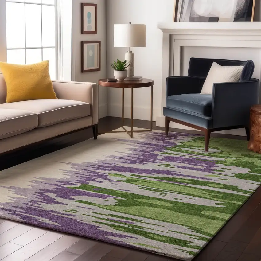Green Purple And Ivory Abstract Washable Area Rug With UV Protection Photo 4
