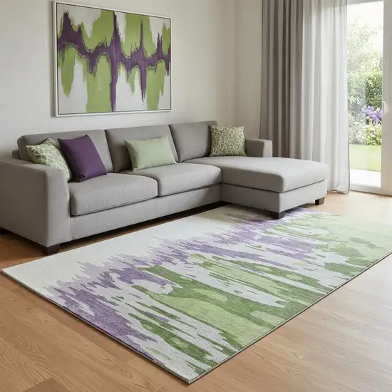 Green Purple And Ivory Abstract Washable Area Rug With UV Protection Photo 2