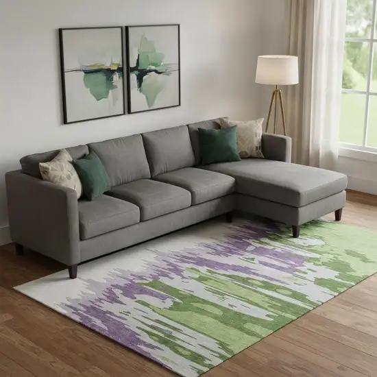 Green Purple And Ivory Abstract Washable Area Rug With UV Protection Photo 2