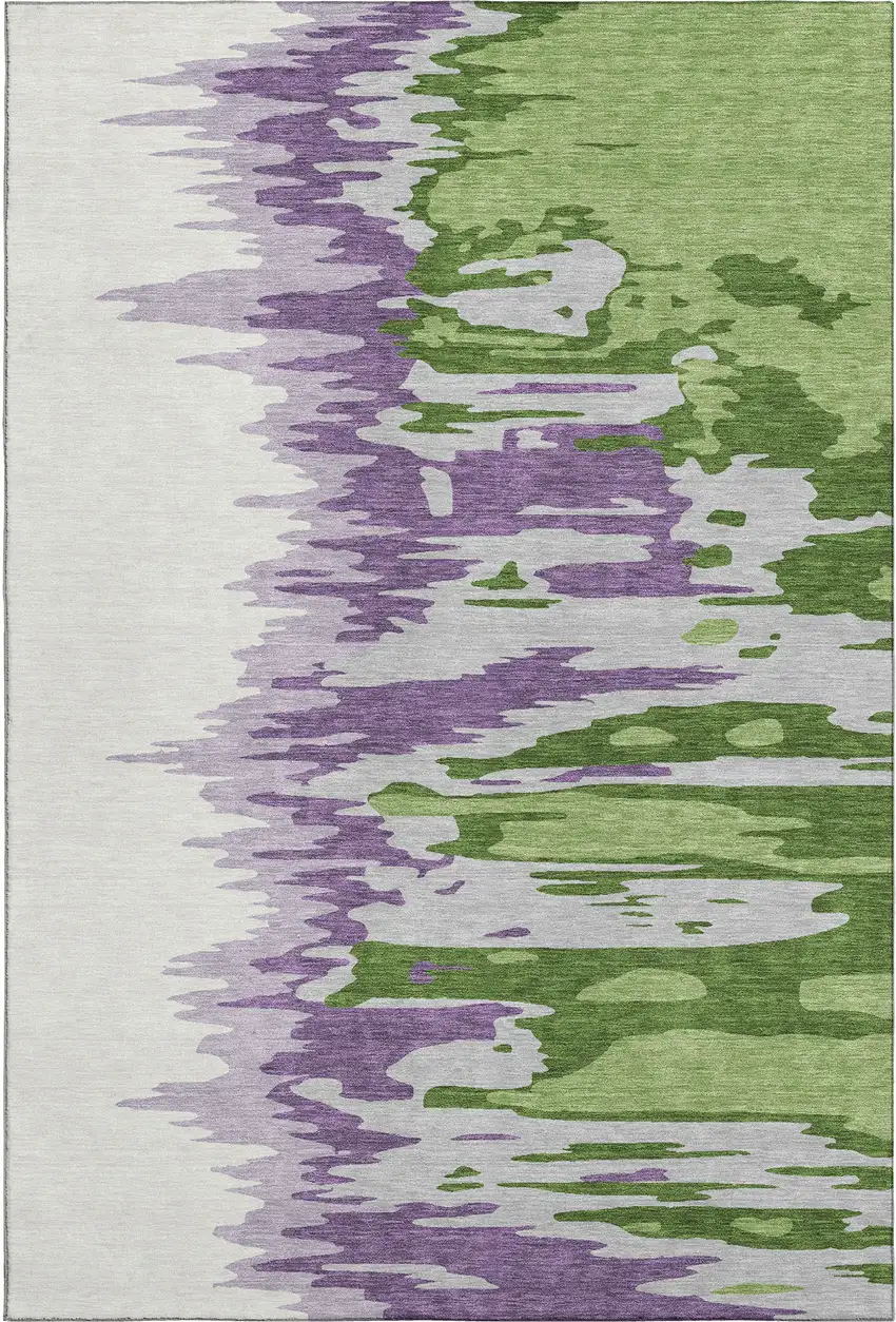 Green Purple And Ivory Abstract Washable Area Rug With UV Protection Photo 1