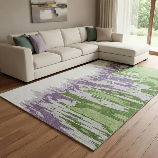 Green Purple And Ivory Abstract Washable Area Rug With UV Protection Photo 2