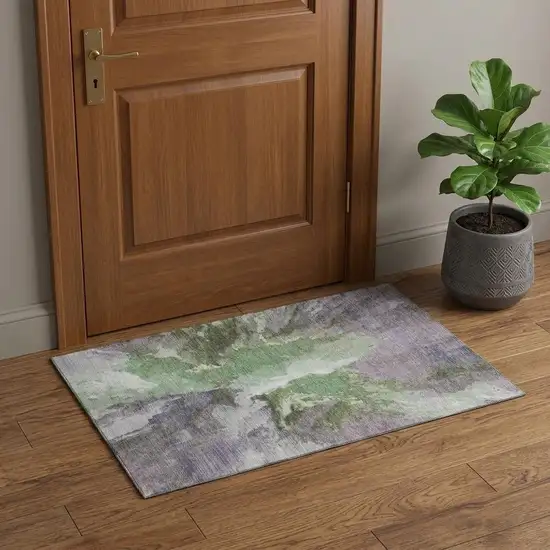 Green Purple And Ivory Abstract Washable Area Rug With UV Protection Photo 1