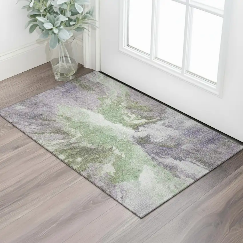 Green Purple And Ivory Abstract Washable Area Rug With UV Protection Photo 2
