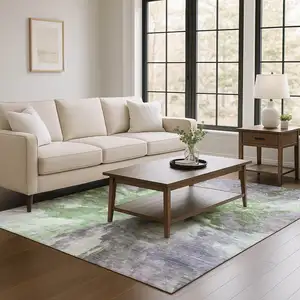 Photo of Green Purple And Ivory Abstract Washable Area Rug With UV Protection