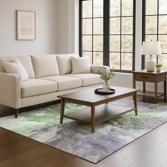 Green Purple And Ivory Abstract Washable Area Rug With UV Protection Photo 4