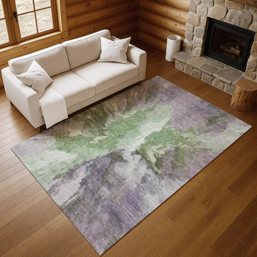 Green Purple And Ivory Abstract Washable Area Rug With UV Protection Photo 5