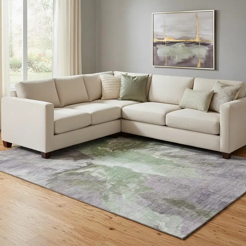 Green Purple And Ivory Abstract Washable Area Rug With UV Protection Photo 2