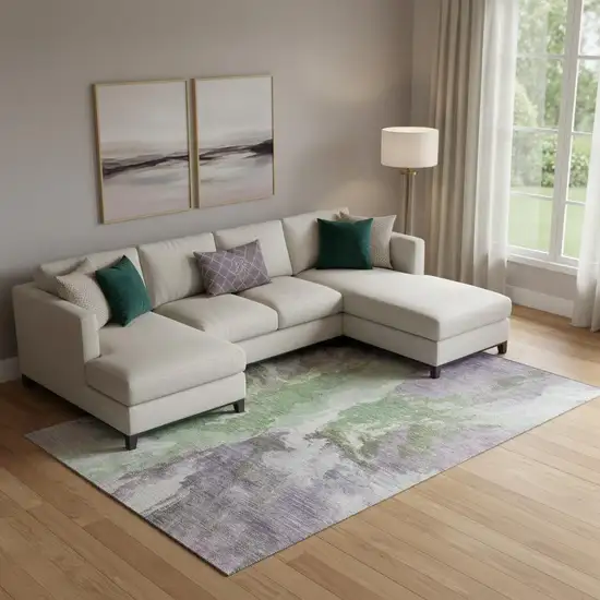 Green Purple And Ivory Abstract Washable Area Rug With UV Protection Photo 2
