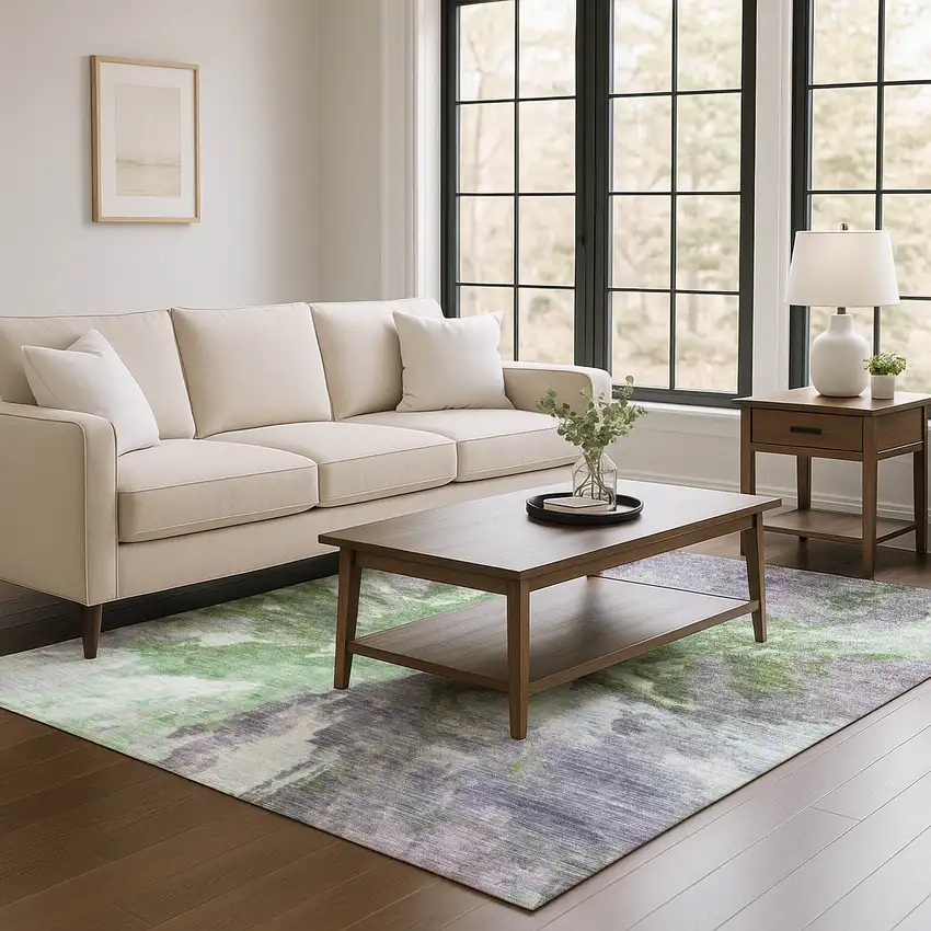 Green Purple And Ivory Abstract Washable Area Rug With UV Protection Photo 4