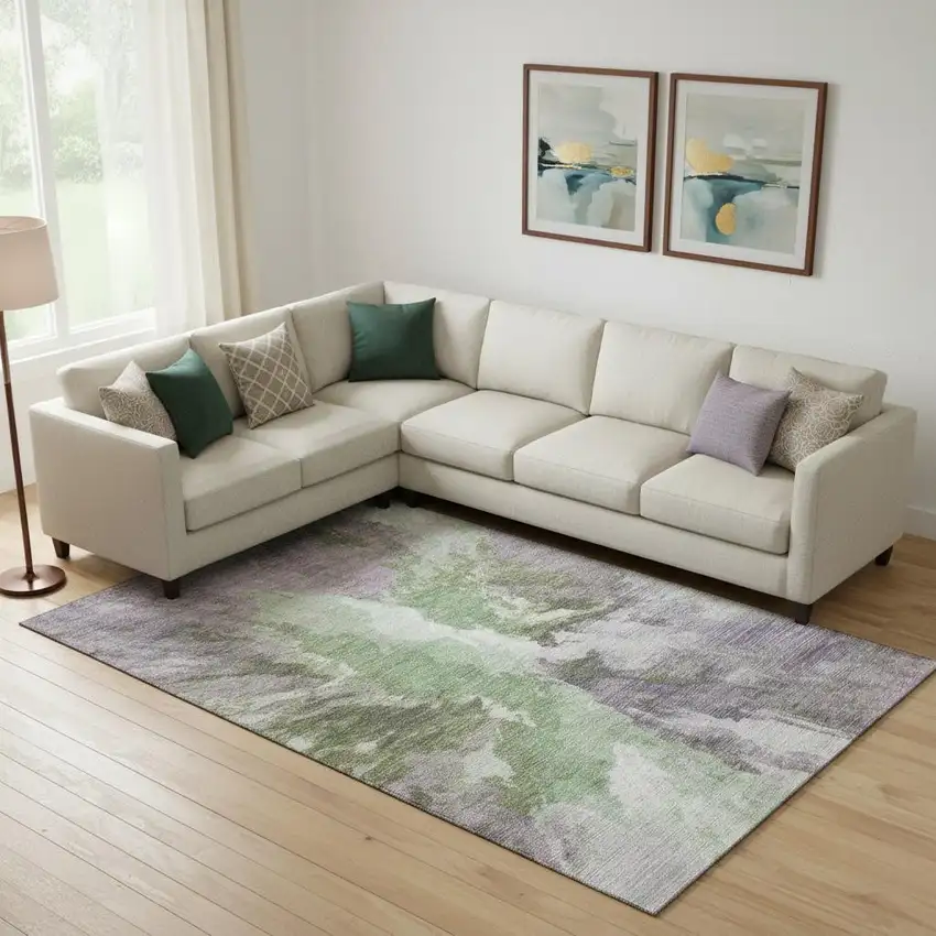 Green Purple And Ivory Abstract Washable Area Rug With UV Protection Photo 2