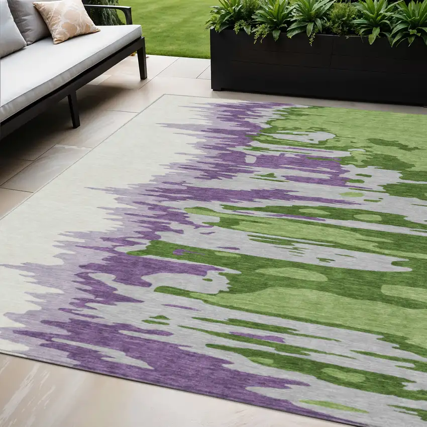 Green Purple And Ivory Abstract Washable Indoor Outdoor Area Rug Photo 1