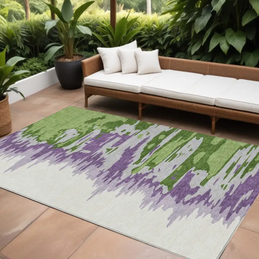 Green Purple And Ivory Abstract Washable Indoor Outdoor Area Rug Photo 1