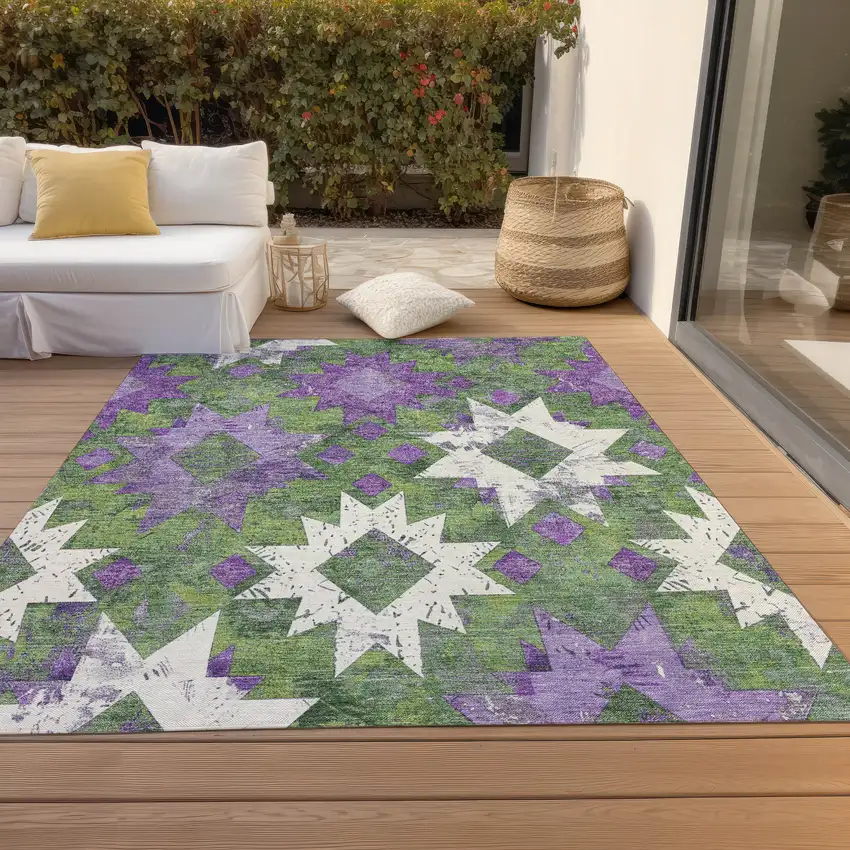 Green Purple And Ivory Aztec Washable Indoor Outdoor Area Rug Photo 8