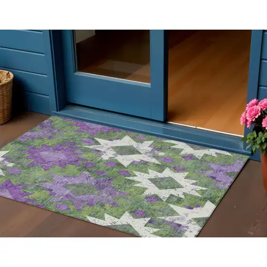Green Purple And Ivory Aztec Washable Indoor Outdoor Area Rug Photo 2