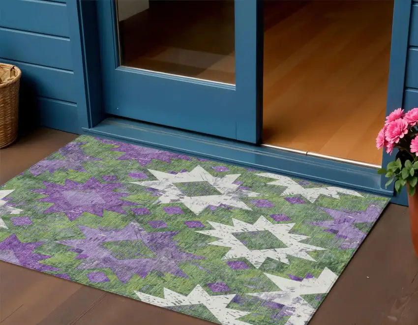 Green Purple And Ivory Aztec Washable Indoor Outdoor Area Rug Photo 2