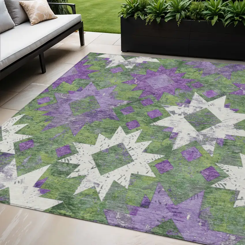 Green Purple And Ivory Aztec Washable Indoor Outdoor Area Rug Photo 2