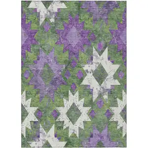 Photo of Green Purple And Ivory Aztec Washable Indoor Outdoor Area Rug