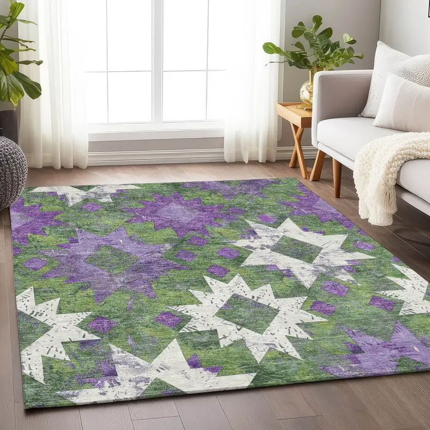 Green Purple And Ivory Aztec Washable Indoor Outdoor Area Rug Photo 6