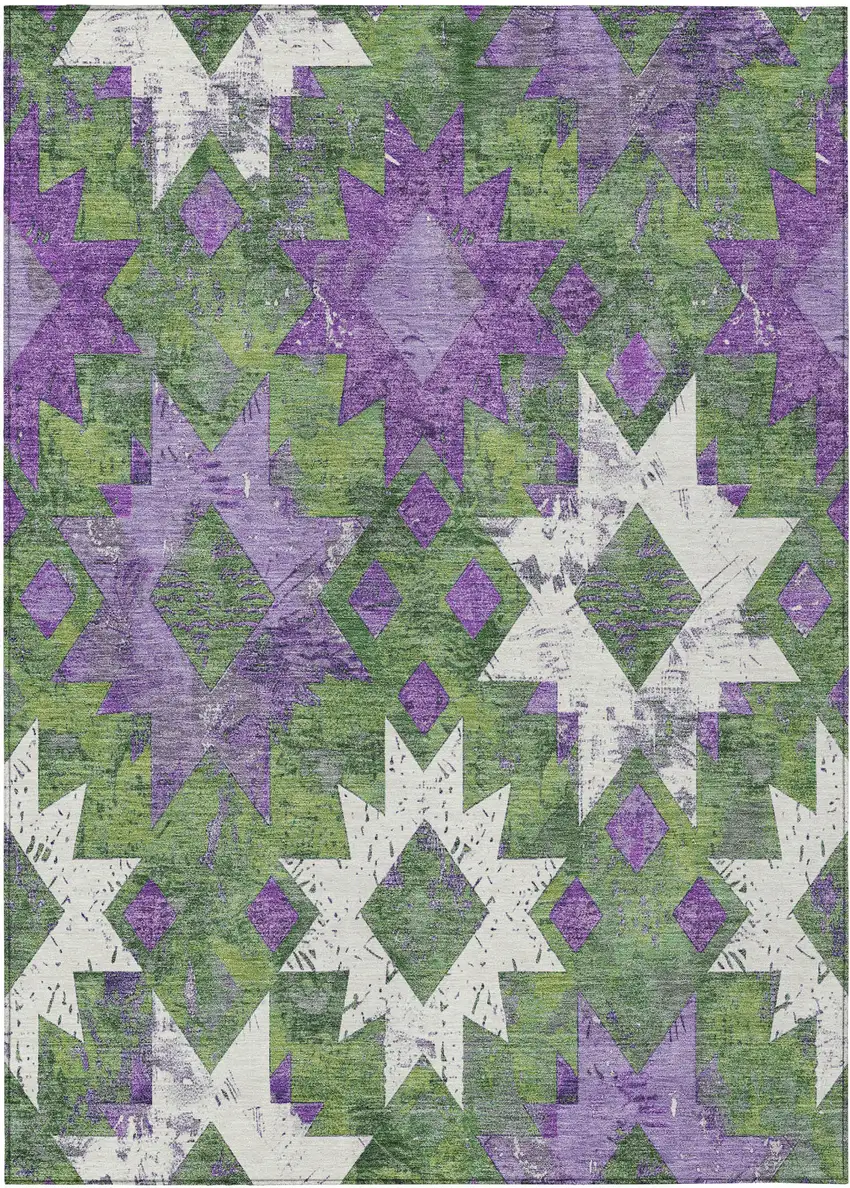 Green Purple And Ivory Aztec Washable Indoor Outdoor Area Rug Photo 1