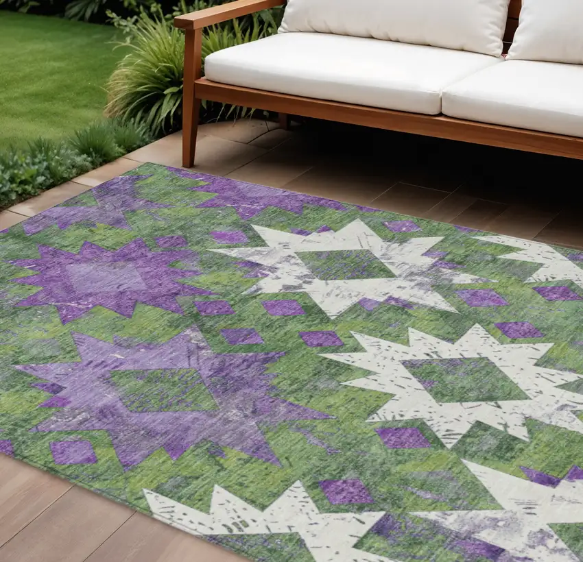 Green Purple And Ivory Aztec Washable Indoor Outdoor Area Rug Photo 2