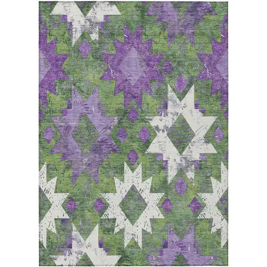Green Purple And Ivory Aztec Washable Indoor Outdoor Area Rug Photo 1
