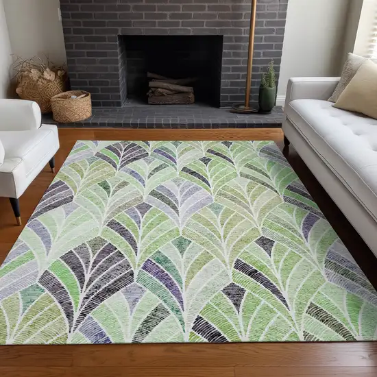 Green Purple And Ivory Geometric Washable Area Rug With UV Protection Photo 6