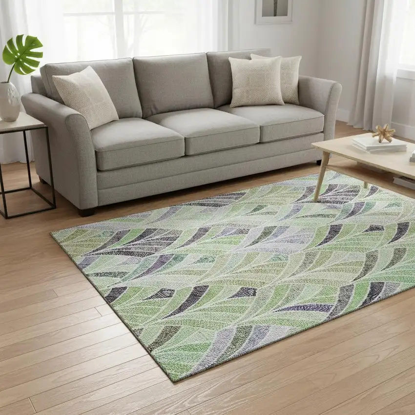 Green Purple And Ivory Geometric Washable Area Rug With UV Protection Photo 2