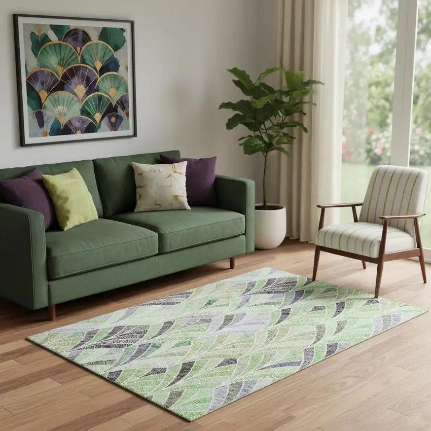 Green Purple And Ivory Geometric Washable Area Rug With UV Protection Photo 1